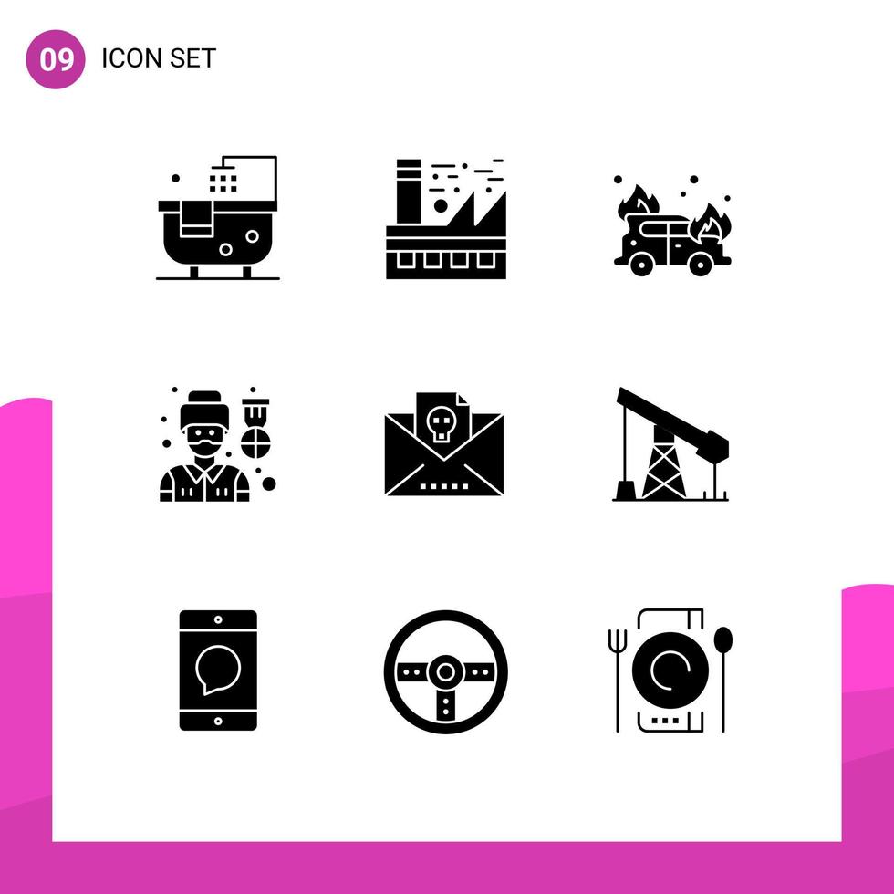 Mobile Interface Solid Glyph Set of 9 Pictograms of letter man environment soldier driver Editable Vector Design Elements