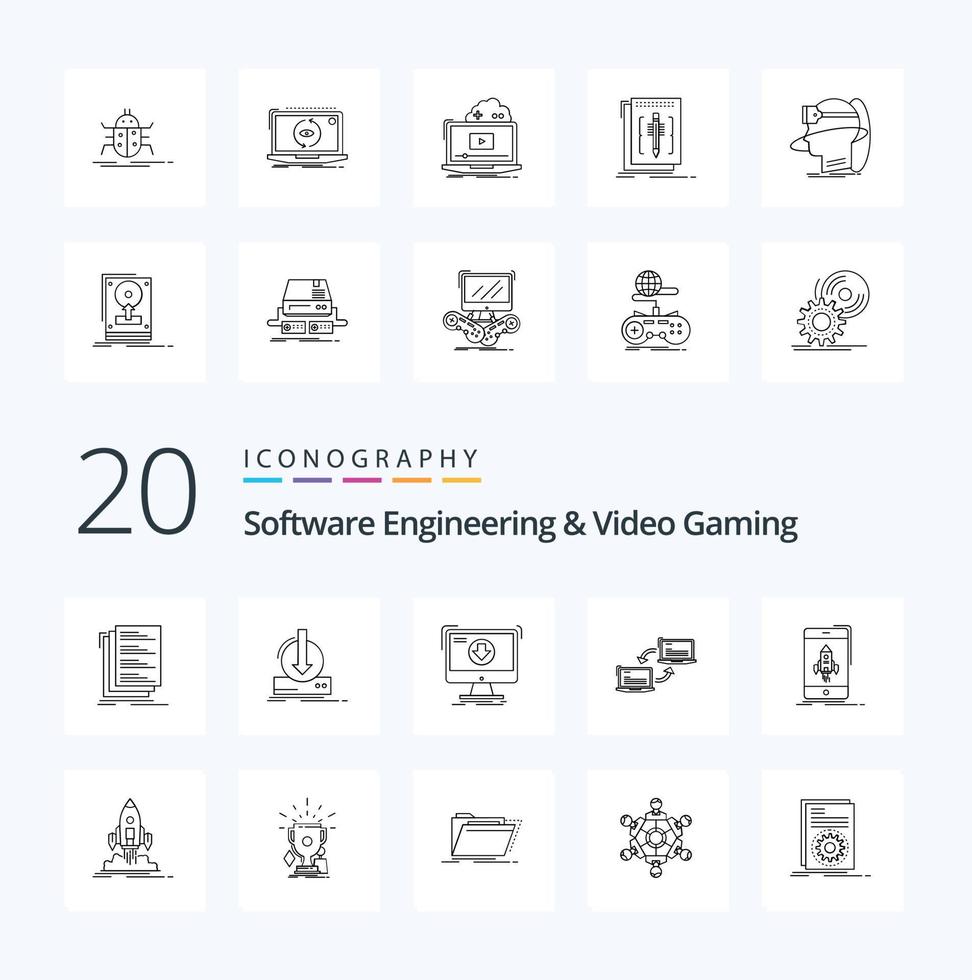 20 Software Engineering And Video Gaming Line icon Pack like start game download sync link vector