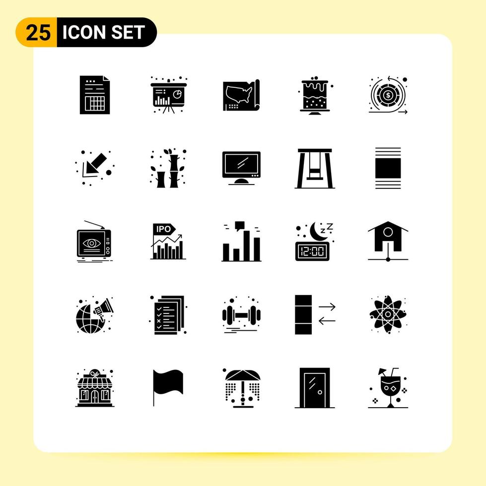 25 Thematic Vector Solid Glyphs and Editable Symbols of money part information candle usa Editable Vector Design Elements