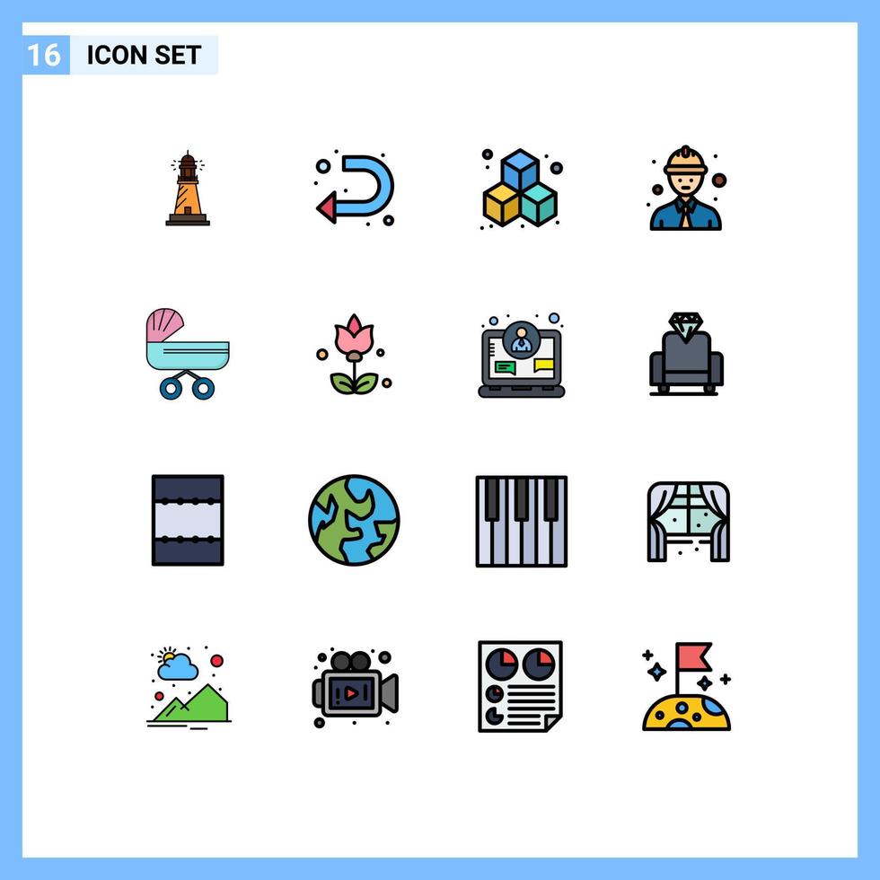 16 iconos creativos, signos y símbolos modernos de empujar al bebé a la izquierda, trabajador de seguridad, elementos de diseño de vectores creativos editables