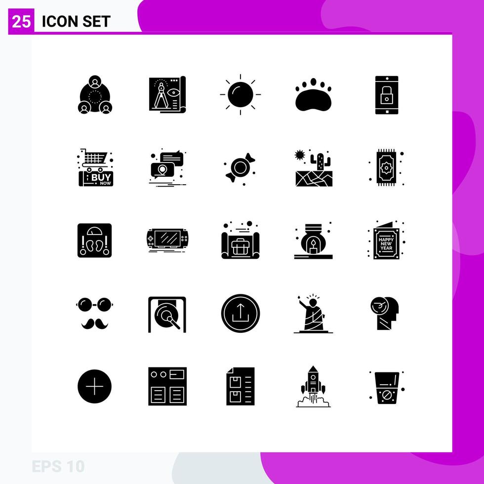 Set of 25 Vector Solid Glyphs on Grid for lock application application blue print footprint bear Editable Vector Design Elements