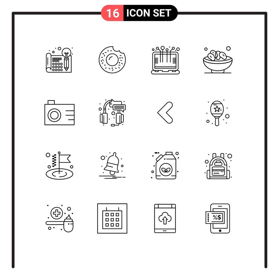 User Interface Pack of 16 Basic Outlines of camera muslim smart technology islam bowl Editable Vector Design Elements