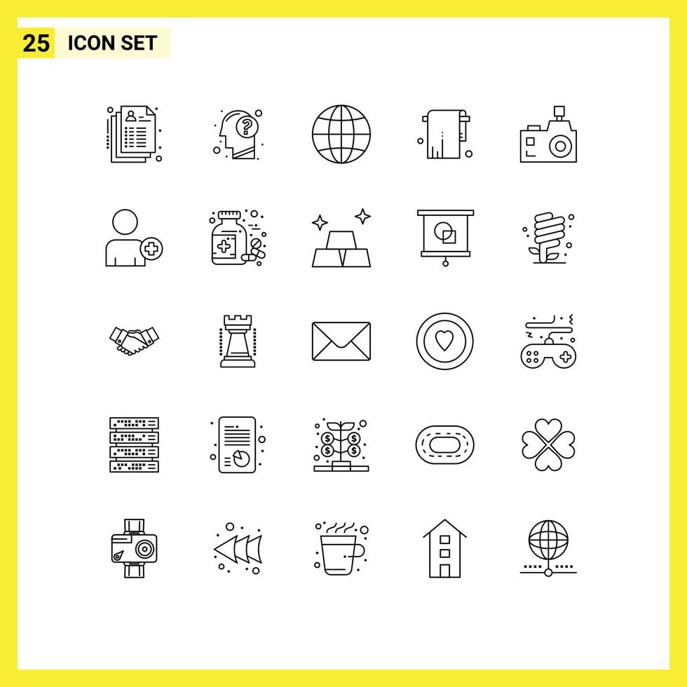 25 iconos creativos signos y símbolos modernos de cámara flash toalla mente toalla baño elementos de diseño vectorial editables vector