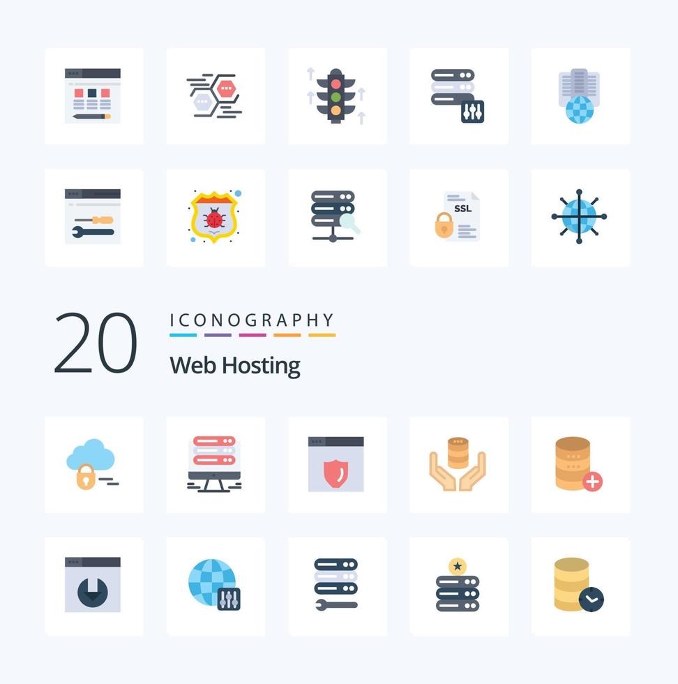 Paquete de 20 iconos de color plano de alojamiento web como servidor de seguridad de base de datos sal seguro vector