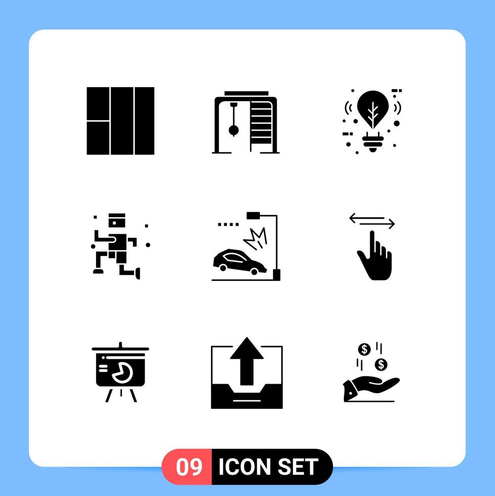 Paquete de 9 glifos sólidos de la interfaz de usuario de signos y símbolos modernos de un automóvil con luz de choque con los dedos que ejecuta elementos de diseño vectorial editables vector