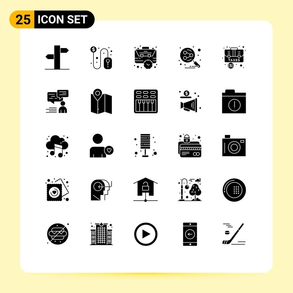 25 Universal Solid Glyph Signs Symbols of accounting social bag share time Editable Vector Design Elements