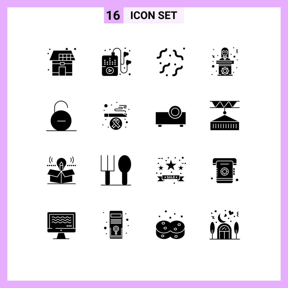 Group of 16 Solid Glyphs Signs and Symbols for lock woman halloween tribune politician Editable Vector Design Elements