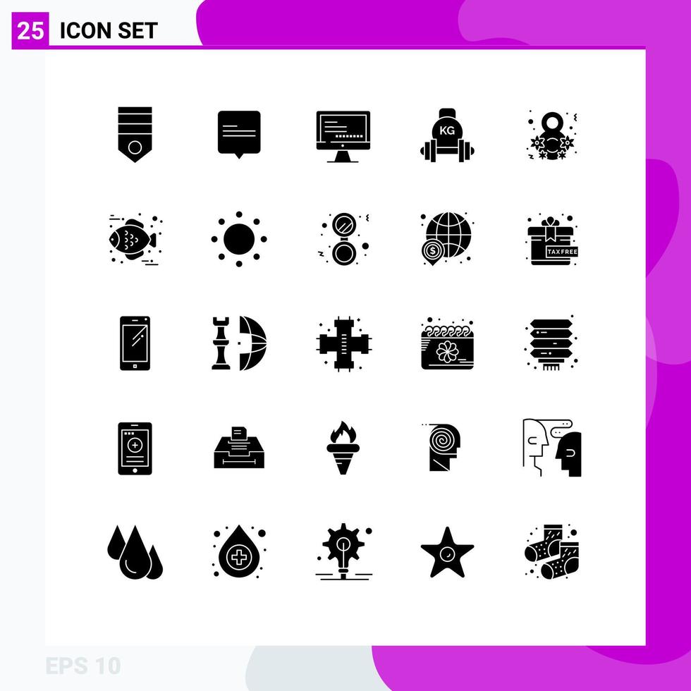 Pack of 25 Modern Solid Glyphs Signs and Symbols for Web Print Media such as day kettlebell computer equipment barbell Editable Vector Design Elements