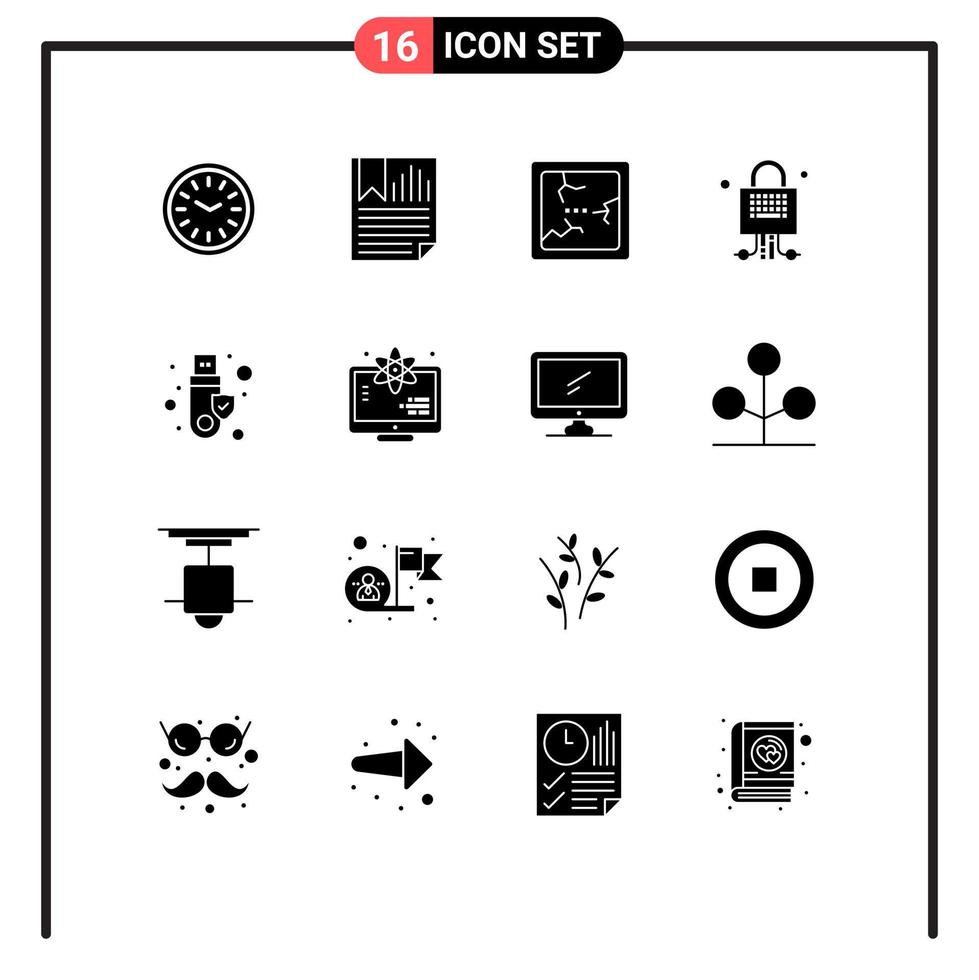 16 Universal Solid Glyph Signs Symbols of security server paper locked mirror Editable Vector Design Elements