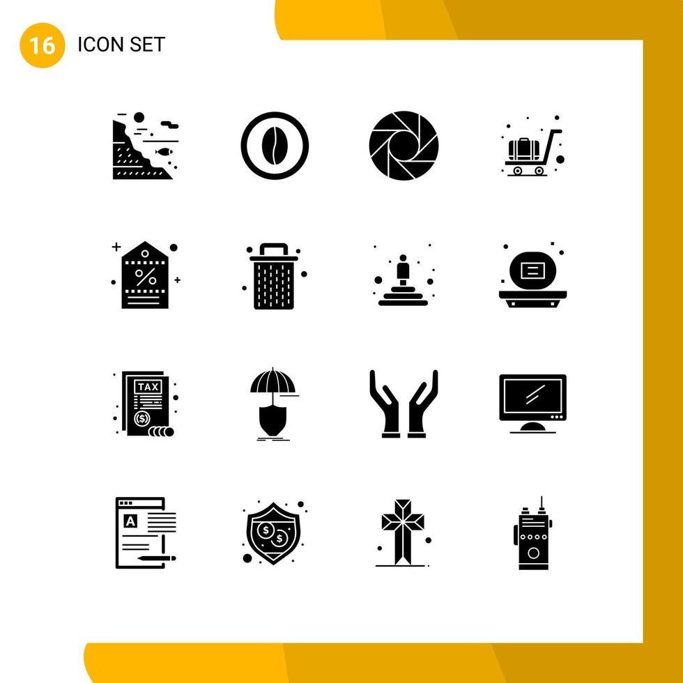 Mobile Interface Solid Glyph Set of 16 Pictograms of price trolley food luggage multimedia Editable Vector Design Elements