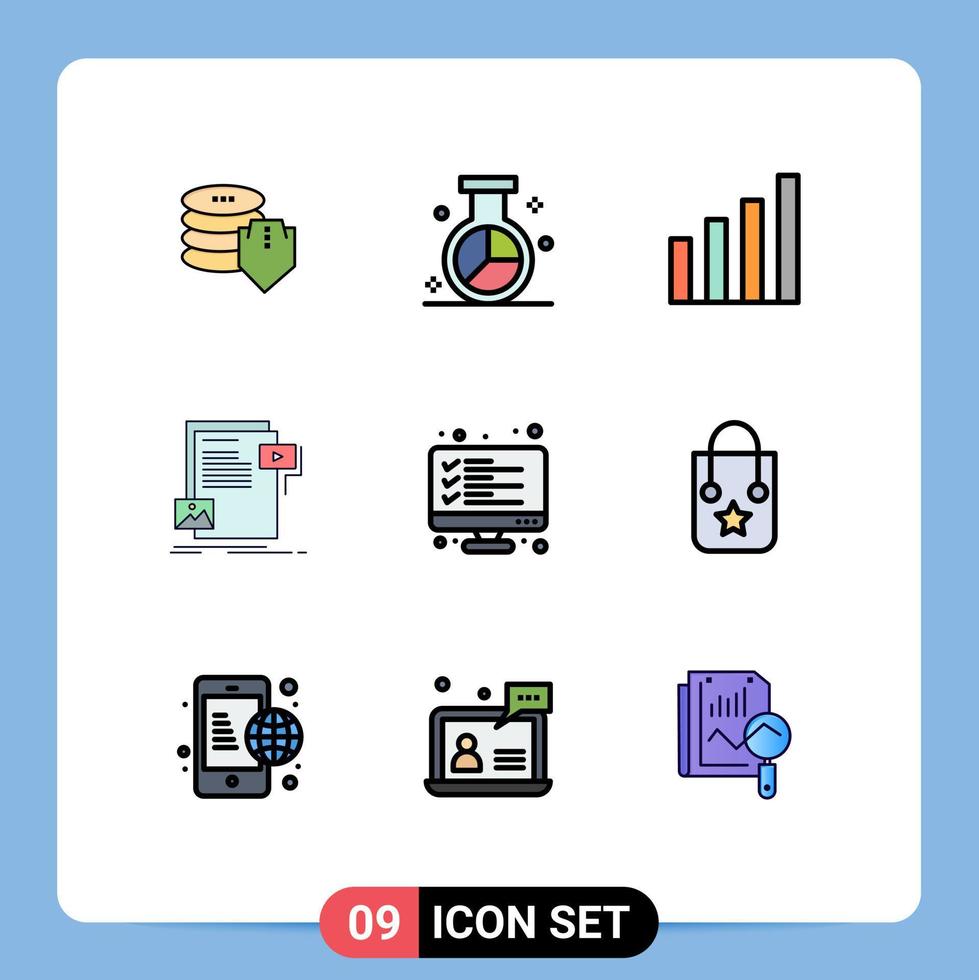 Pack of 9 Modern Filledline Flat Colors Signs and Symbols for Web Print Media such as website file research document user Editable Vector Design Elements