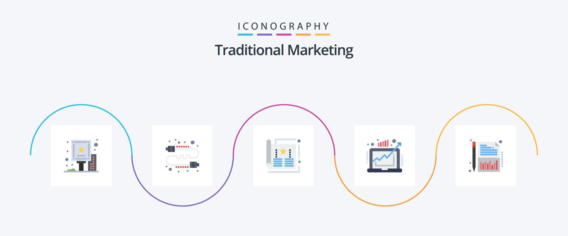 paquete de iconos de 5 planos de marketing tradicional que incluye el mercado. demanda. marketing. negocio. folleto vector