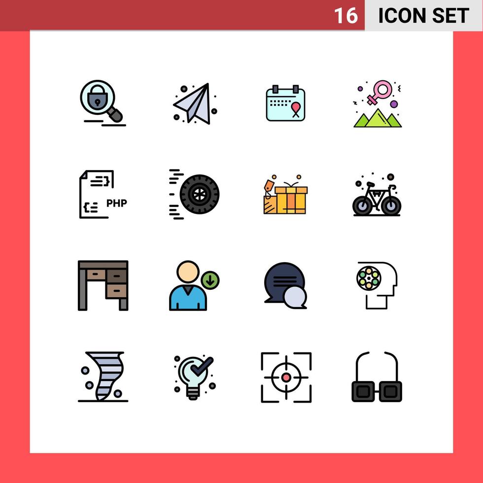 16 Universal Flat Color Filled Lines Set for Web and Mobile Applications development coding love success happy Editable Creative Vector Design Elements