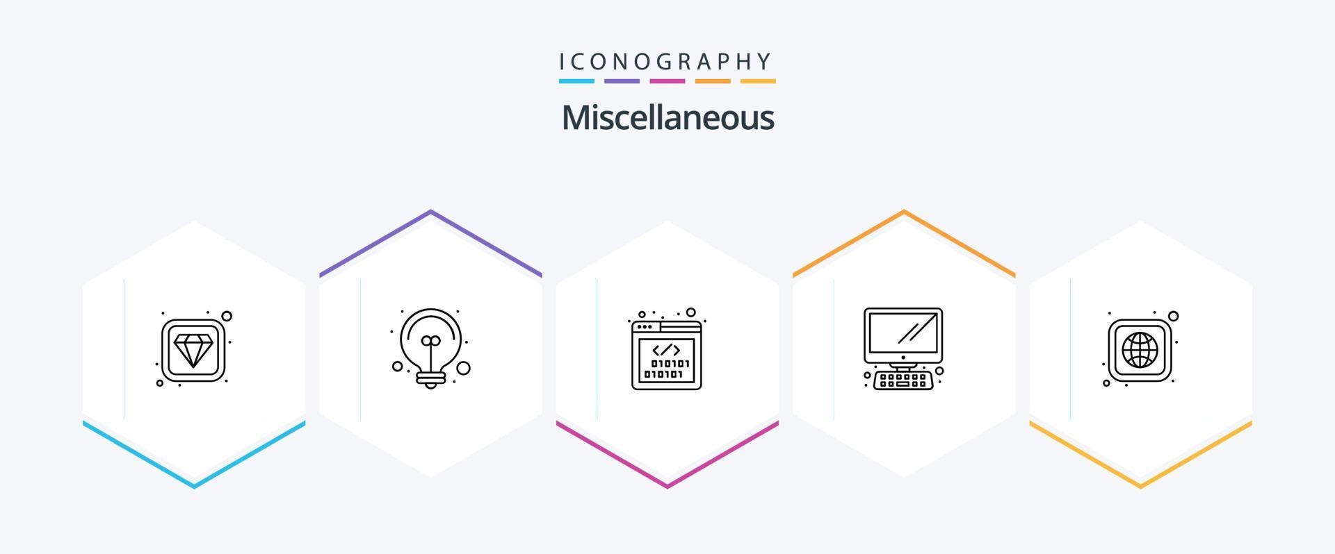 paquete de iconos de 25 líneas misceláneas que incluye globo. codificación. ordenador personal. computadora vector