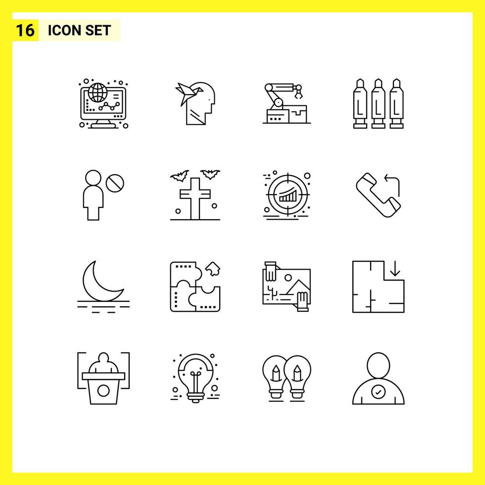 16 Universal Outline Signs Symbols of user shoot brian gun technology Editable Vector Design Elements