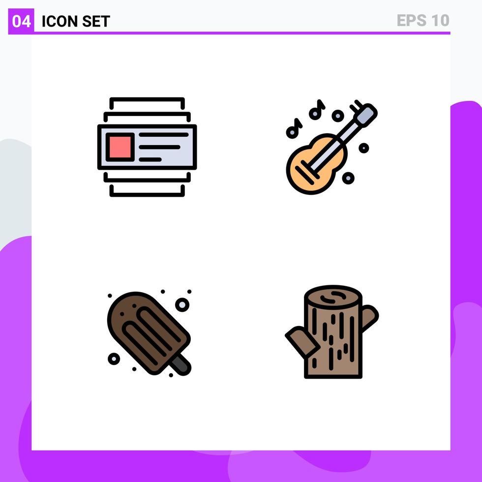 4 Thematic Vector Filledline Flat Colors and Editable Symbols of cards summer guitar music log Editable Vector Design Elements