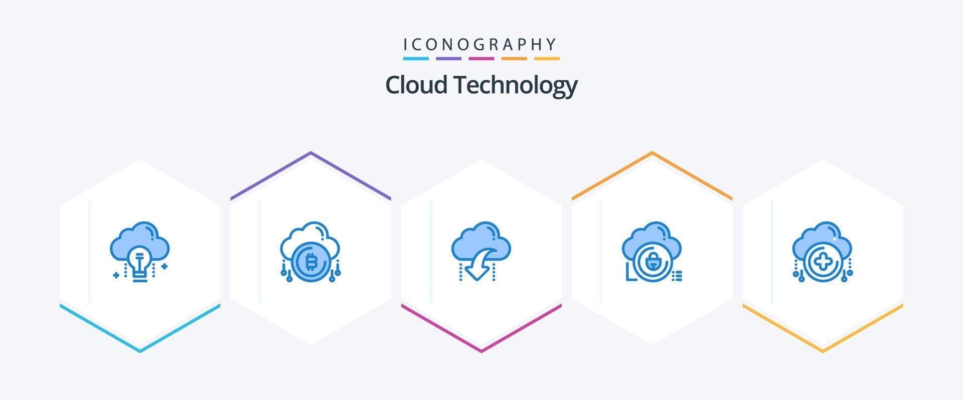 Paquete de 25 íconos azules de tecnología en la nube que incluye seguro. nube. bitcoind. datos. abajo vector