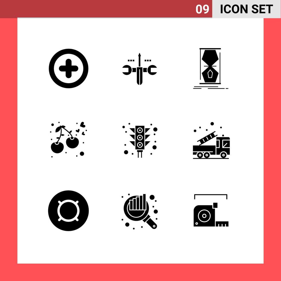 9 Thematic Vector Solid Glyphs and Editable Symbols of light food clock cherry heart Editable Vector Design Elements