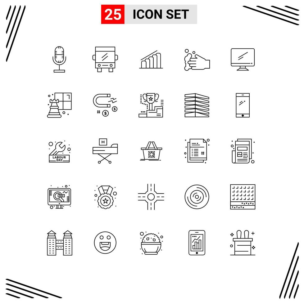 Stock Vector Icon Pack of 25 Line Signs and Symbols for monitor wash chart soap cleaning Editable Vector Design Elements