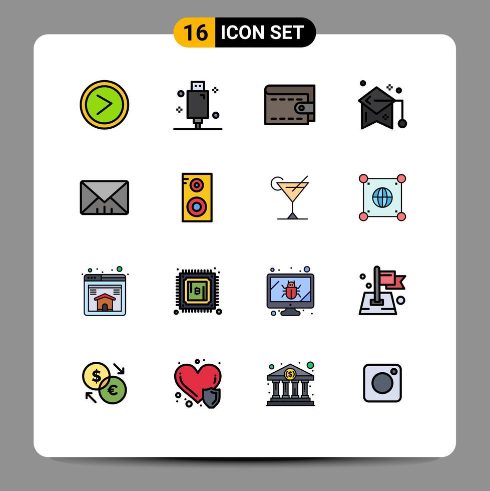 paquete de 16 líneas llenas de colores planos modernos, signos y símbolos para medios de impresión web, como equipos de birrete de interfaz, educación de graduación, elementos de diseño de vectores creativos editables