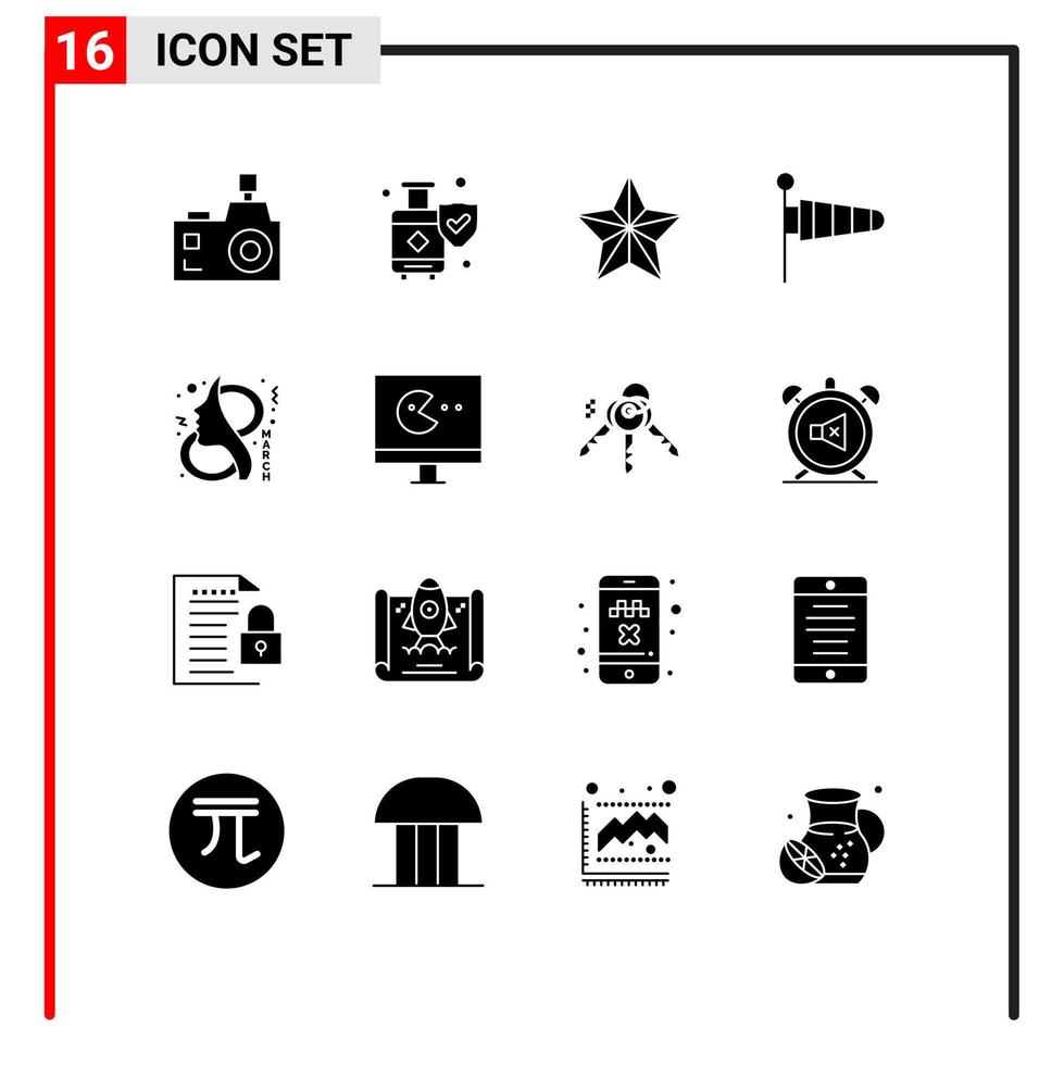 16 Thematic Vector Solid Glyphs and Editable Symbols of ay weather suitcase parachute star Editable Vector Design Elements