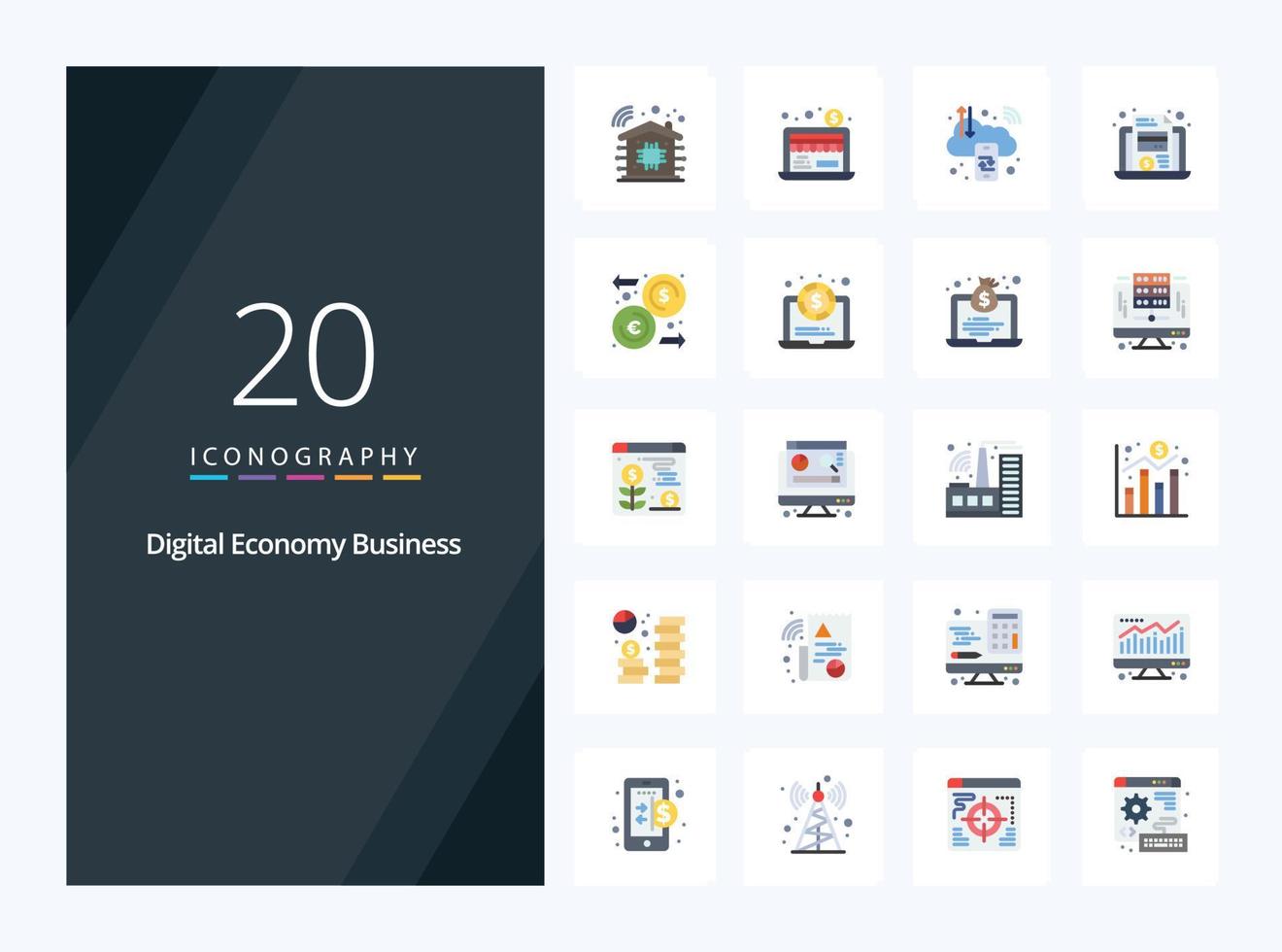 20 iconos de color plano de negocios de economía digital para presentación vector