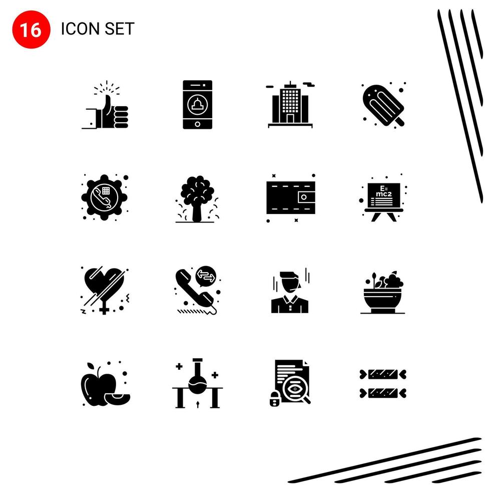 Pack of 16 Modern Solid Glyphs Signs and Symbols for Web Print Media such as call ice cream web summer food Editable Vector Design Elements