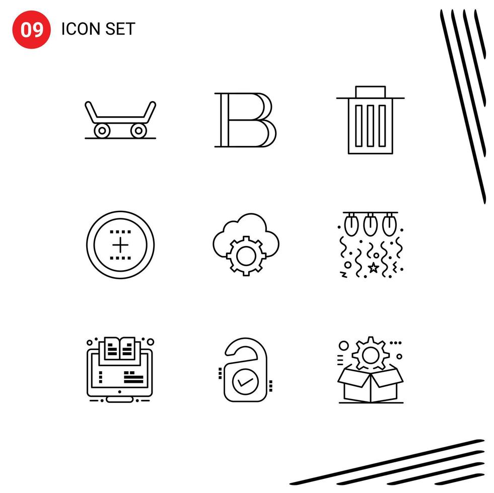 Pack of 9 Modern Outlines Signs and Symbols for Web Print Media such as computing cloud trash round interface Editable Vector Design Elements
