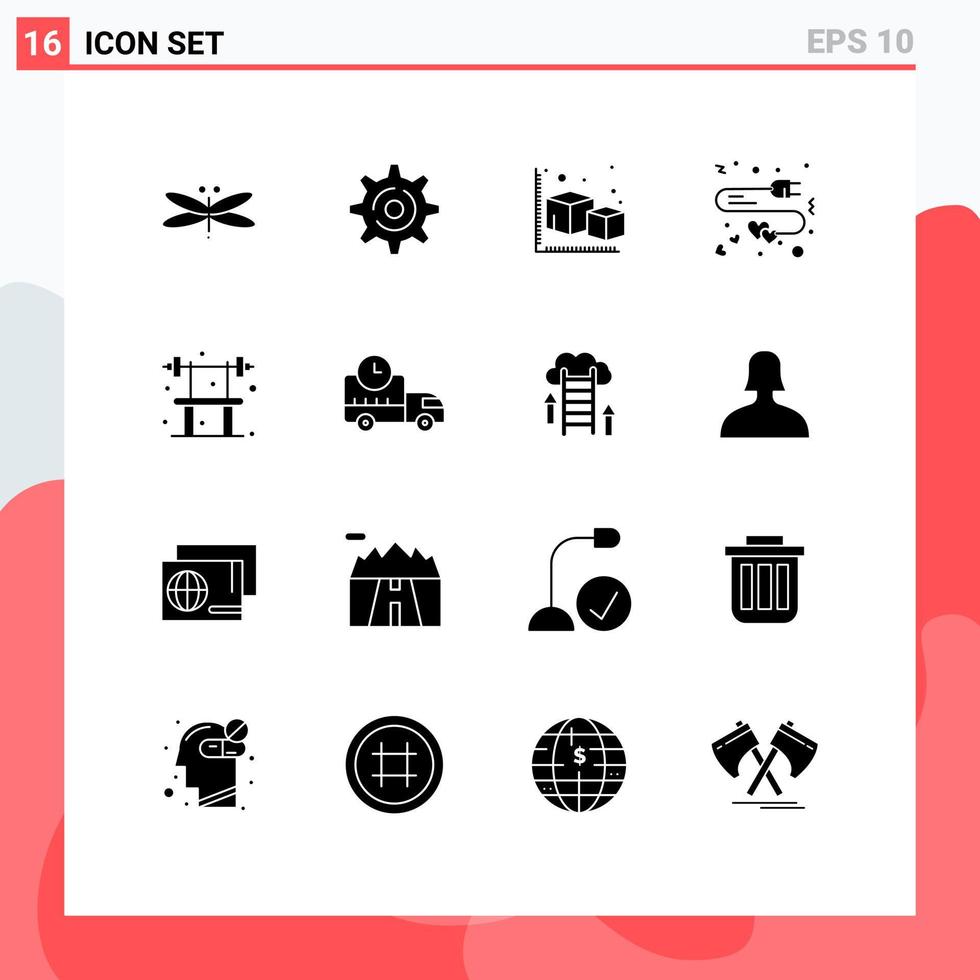 Pack of 16 creative Solid Glyphs of exercise heart arrow charge extension Editable Vector Design Elements