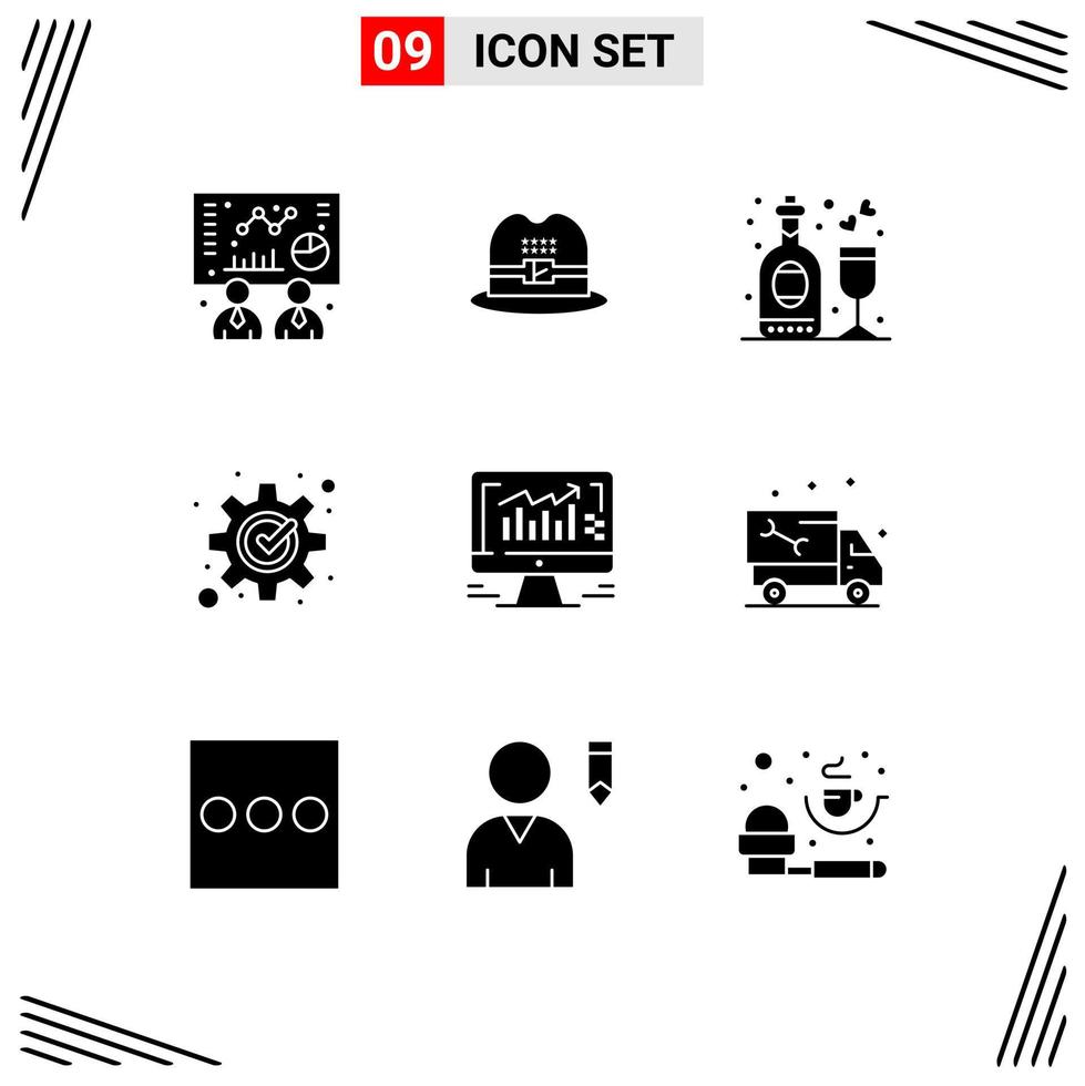 Pack of 9 creative Solid Glyphs of monitor graph party computer management Editable Vector Design Elements