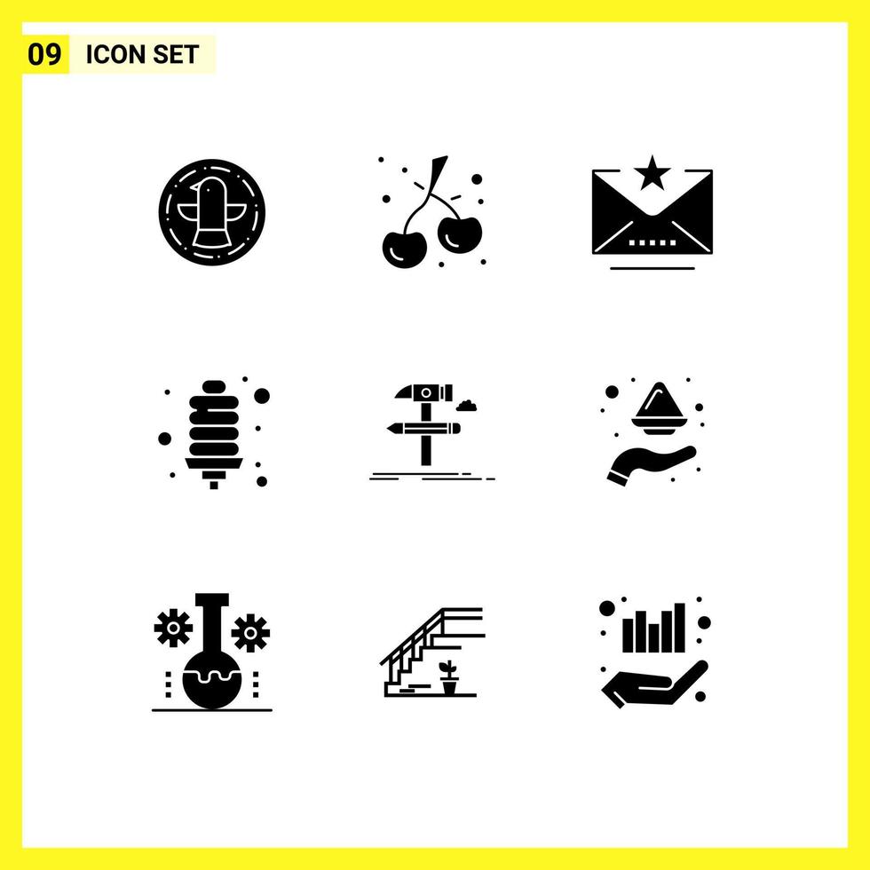 Modern Set of 9 Solid Glyphs Pictograph of develop build favorite energy energy bulb Editable Vector Design Elements