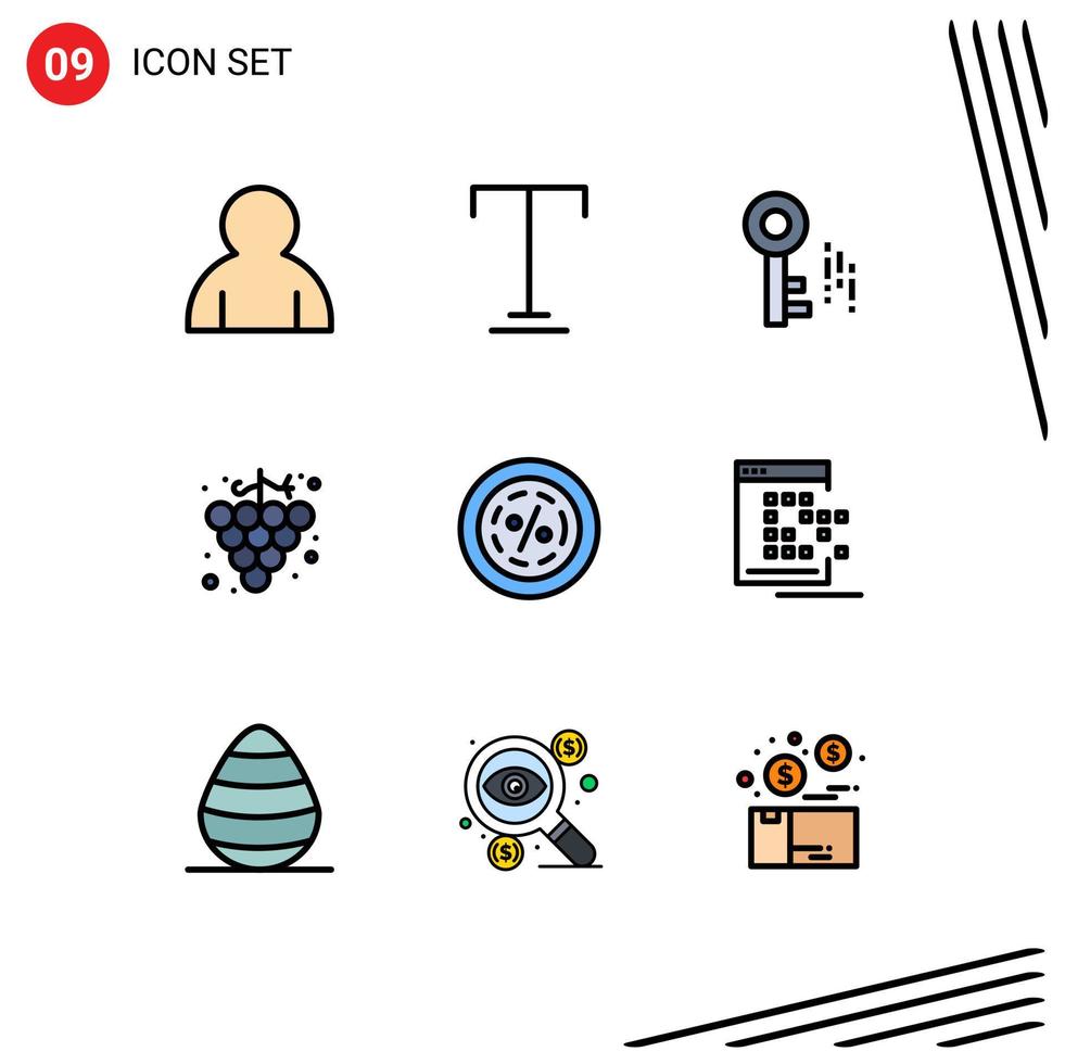 Mobile Interface Filledline Flat Color Set of 9 Pictograms of shopping line key commerce discount Editable Vector Design Elements