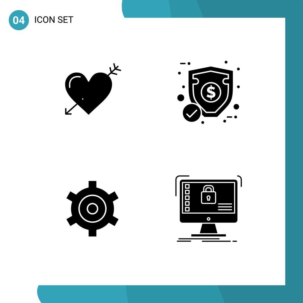 Pack of 4 creative Solid Glyphs of heart gear love ecommerce cogs Editable Vector Design Elements