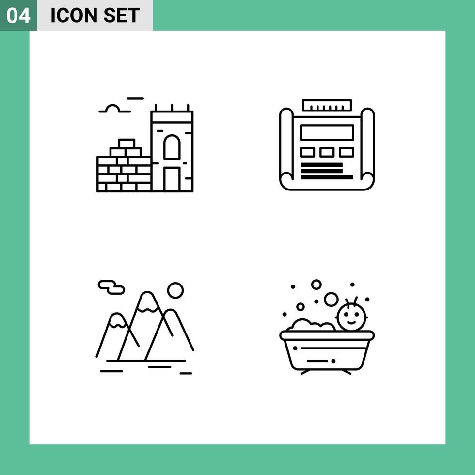 Mobile Interface Line Set of 4 Pictograms of wall mountain blueprint drawing hiking Editable Vector Design Elements