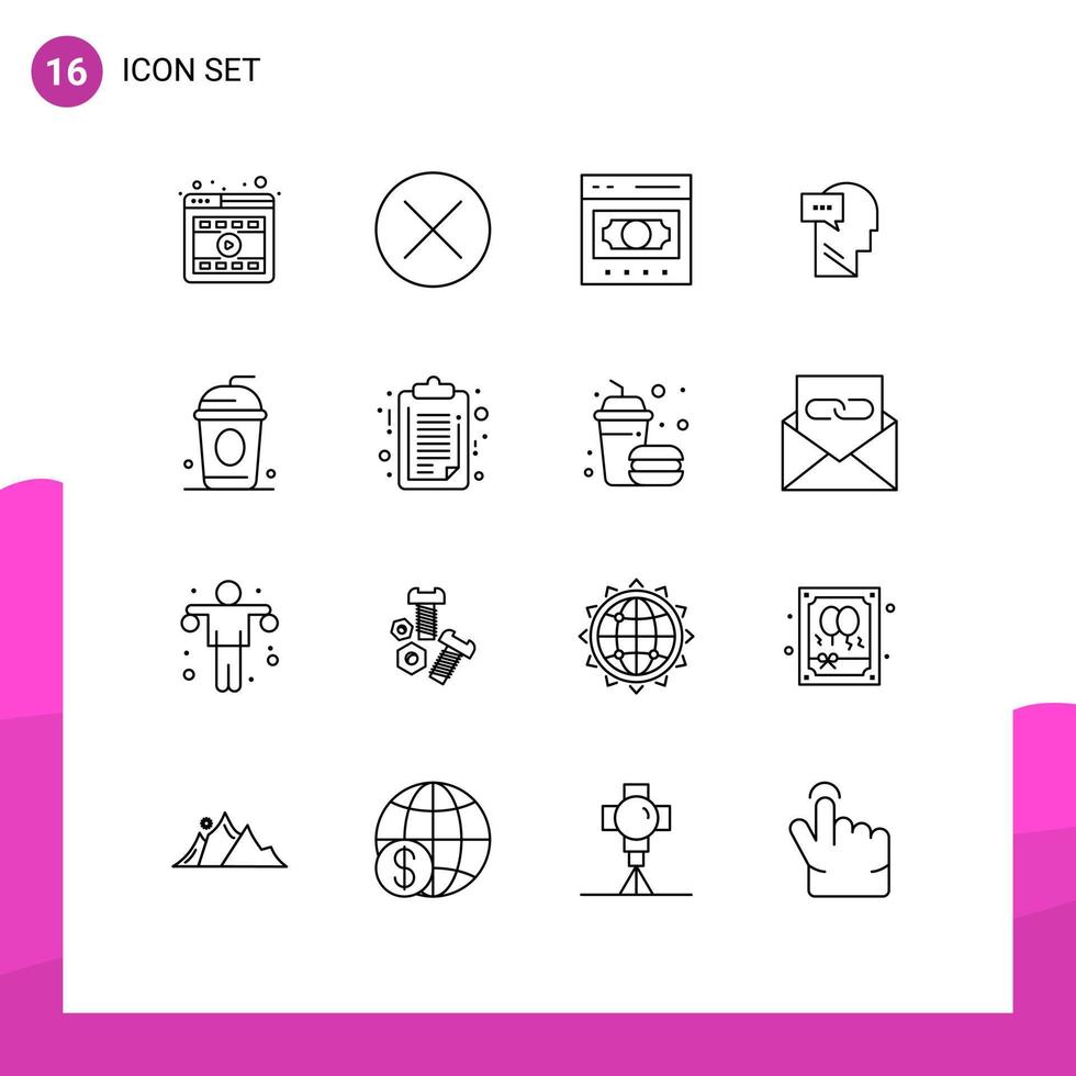 Group of 16 Outlines Signs and Symbols for head dialog sign mind money Editable Vector Design Elements