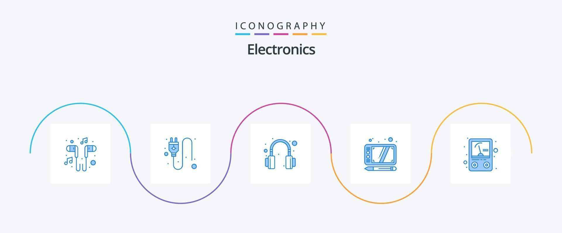 Paquete de 5 íconos de electrónica azul que incluye . metro. auricular. amperio. dibujar vector