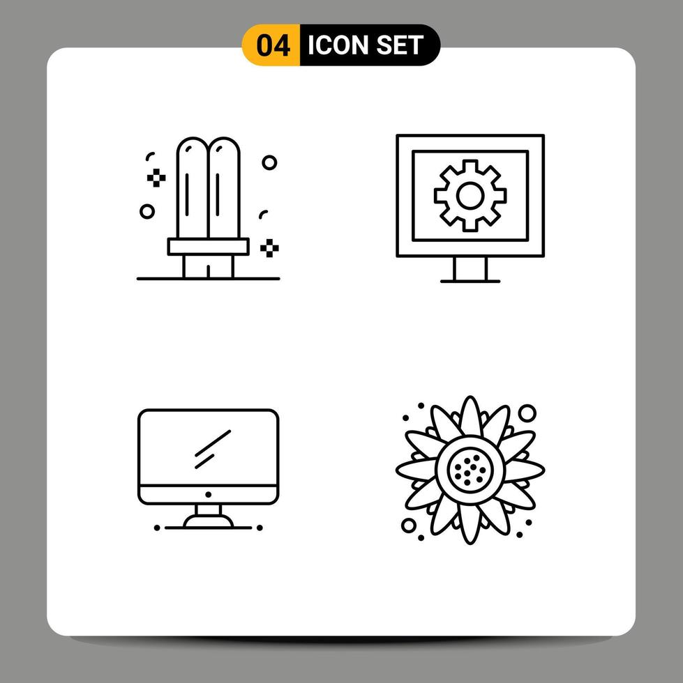 conjunto de 4 colores planos de línea de llenado vectorial en cuadrícula para elementos de diseño vectorial editables de dispositivo de entretenimiento fluorescente de computadora de bombilla vector