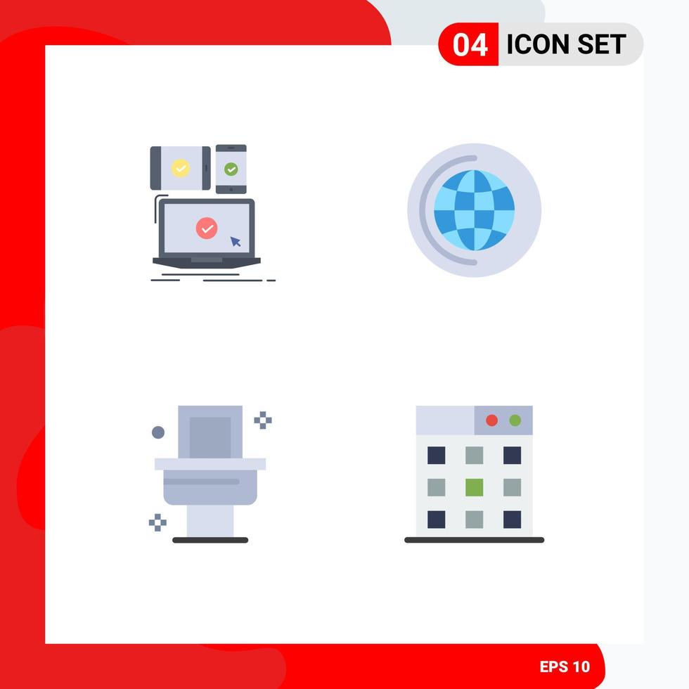 Modern Set of 4 Flat Icons Pictograph of computer bath responsive world business Editable Vector Design Elements