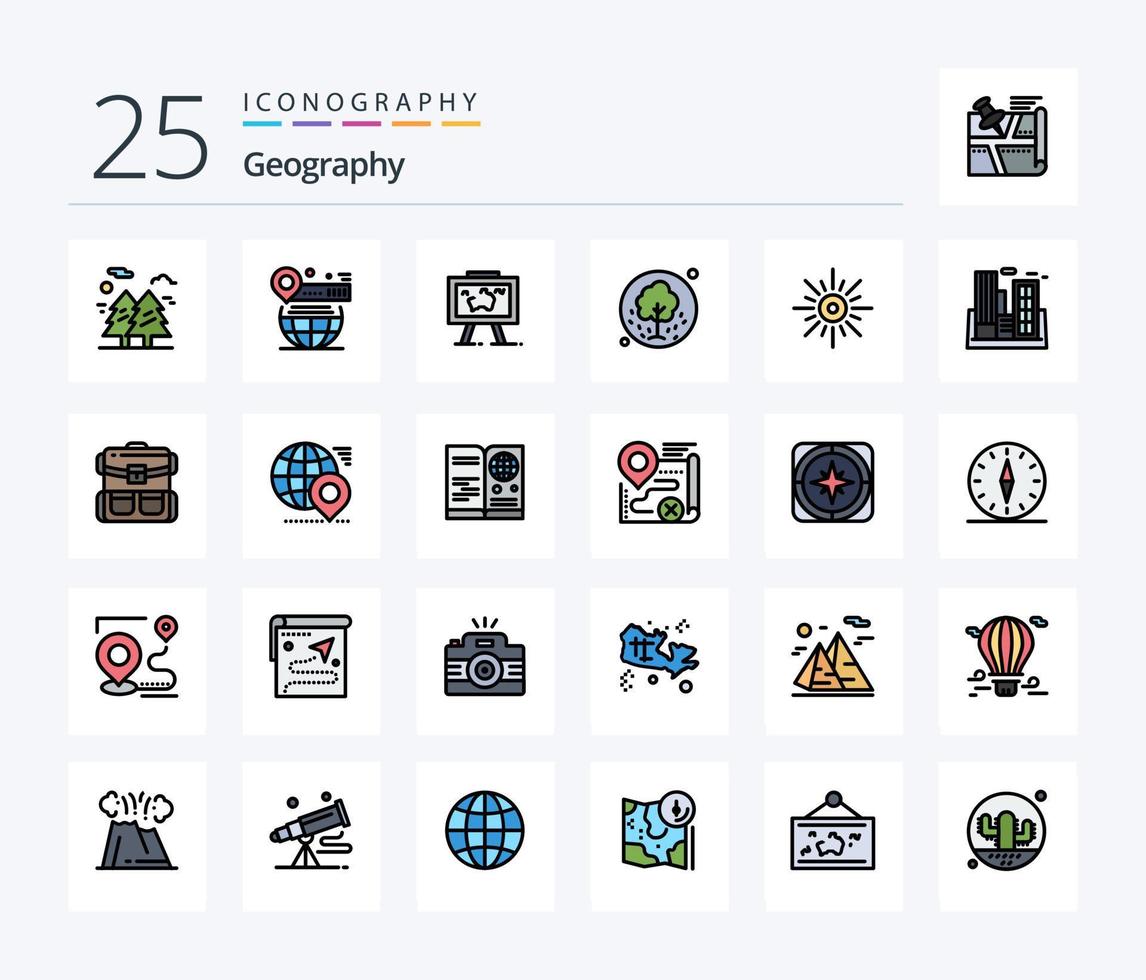 Geo Graphy 25 Line Filled icon pack including plant. tree. globe. picture. hang vector