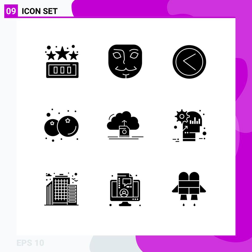 Mobile Interface Solid Glyph Set of 9 Pictograms of save cloud interface healthy food Editable Vector Design Elements