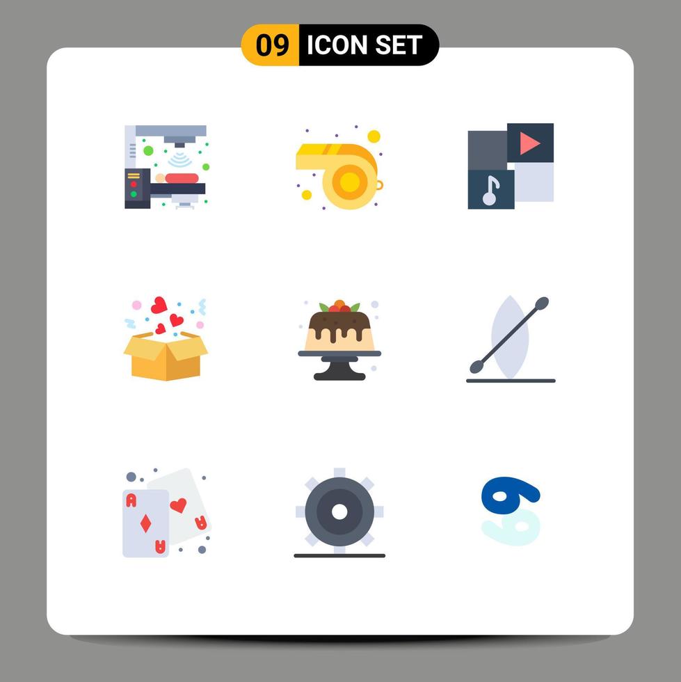 Mobile Interface Flat Color Set of 9 Pictograms of dessert bakery video love delivery Editable Vector Design Elements