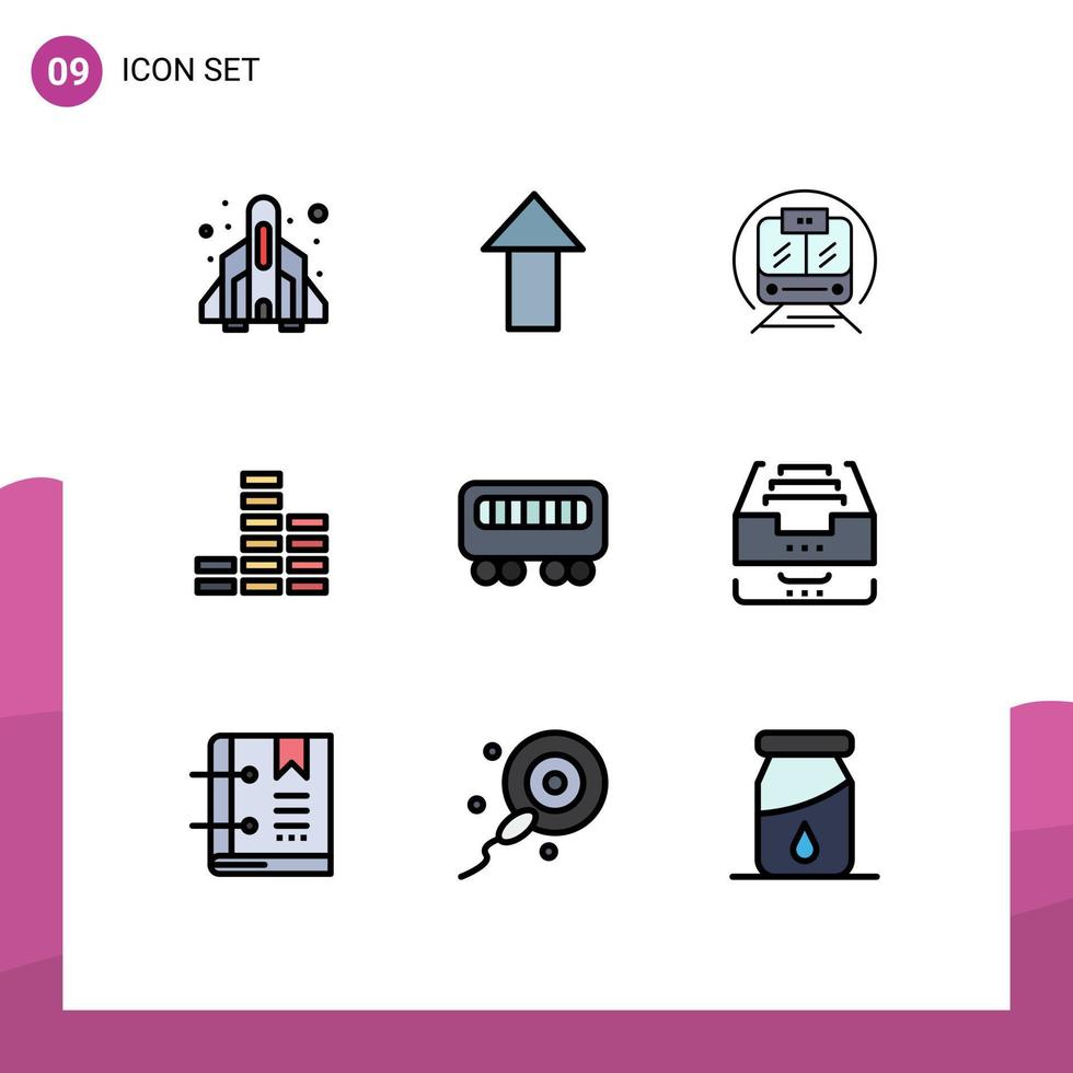 grupo de 9 signos y símbolos de colores planos de línea rellena para elementos de diseño de vectores editables de reproductor de pasajeros de transporte ferroviario de archivo