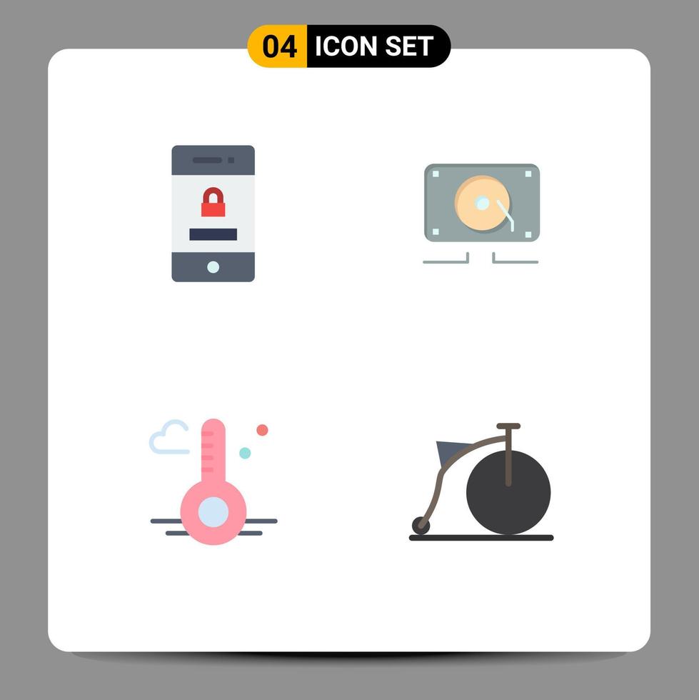 Mobile Interface Flat Icon Set of 4 Pictograms of locked thermometer technology speaker spring Editable Vector Design Elements