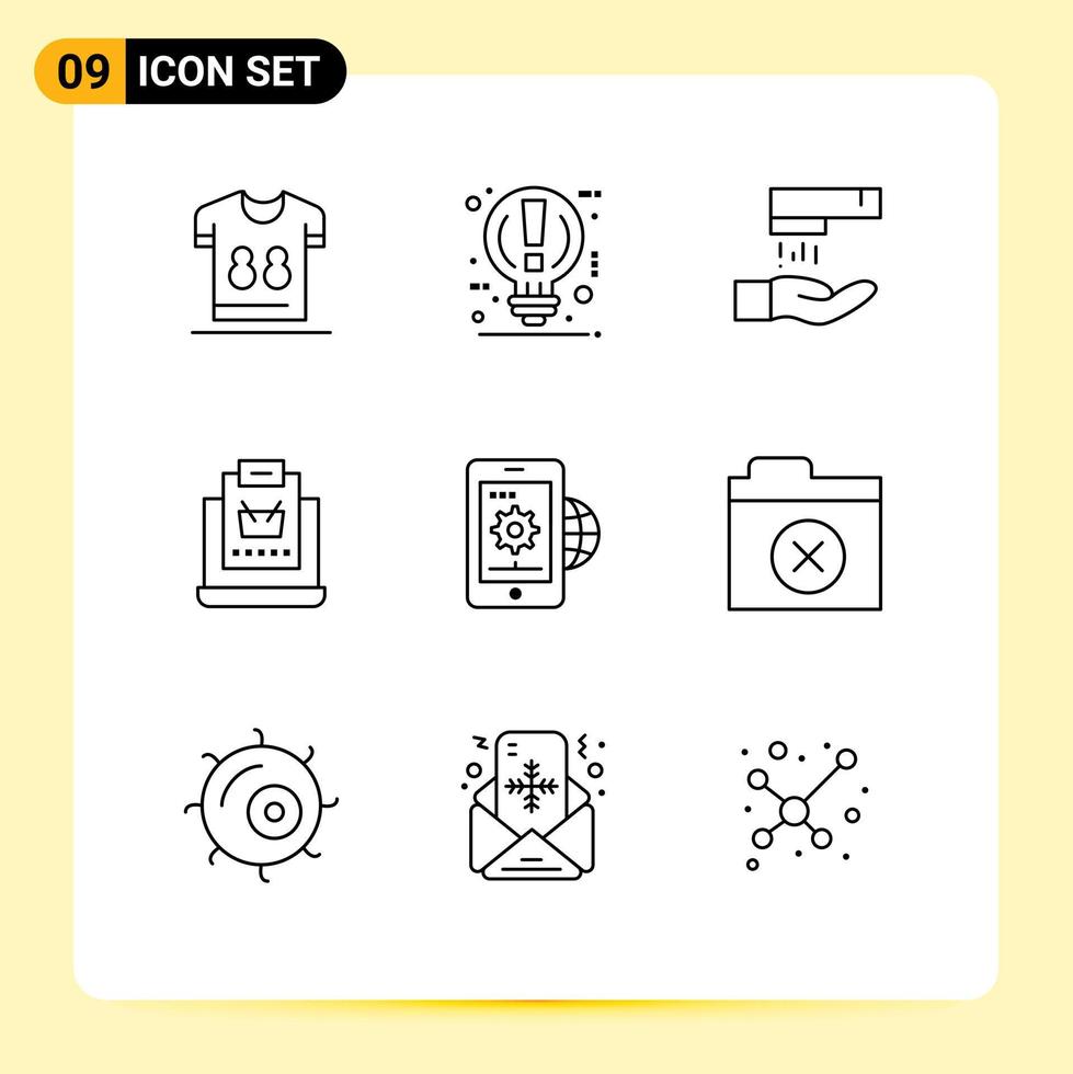 Mobile Interface Outline Set of 9 Pictograms of shopping online power internet cleaning Editable Vector Design Elements
