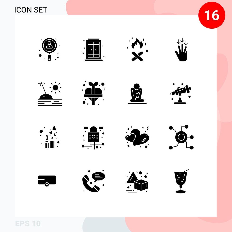 Group of 16 Solid Glyphs Signs and Symbols for vacation island fire place holiday arrow Editable Vector Design Elements