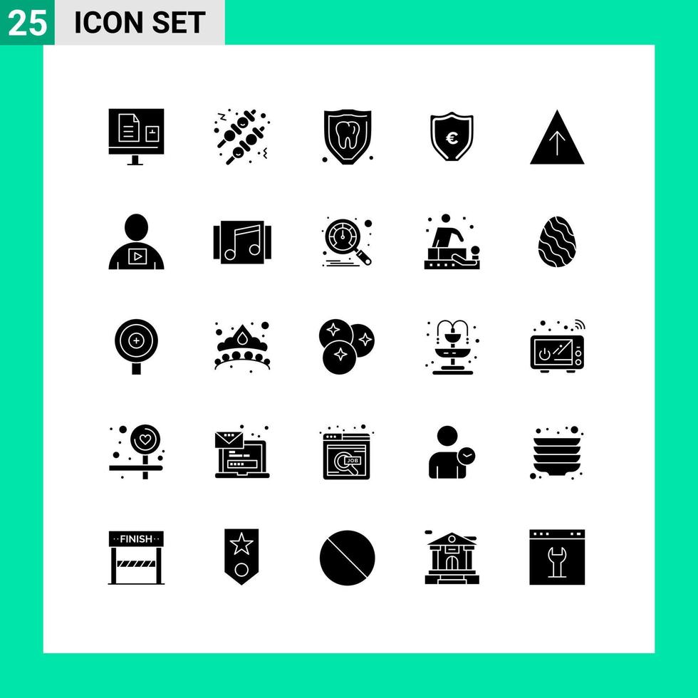 Set of 25 Vector Solid Glyphs on Grid for growth protection insurance shield euro Editable Vector Design Elements