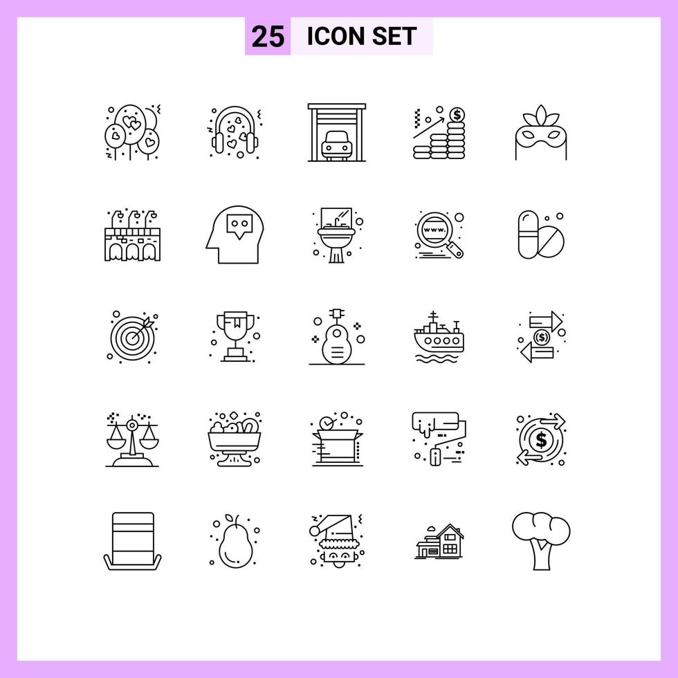 25 User Interface Line Pack of modern Signs and Symbols of masquerade costume car graph chart Editable Vector Design Elements