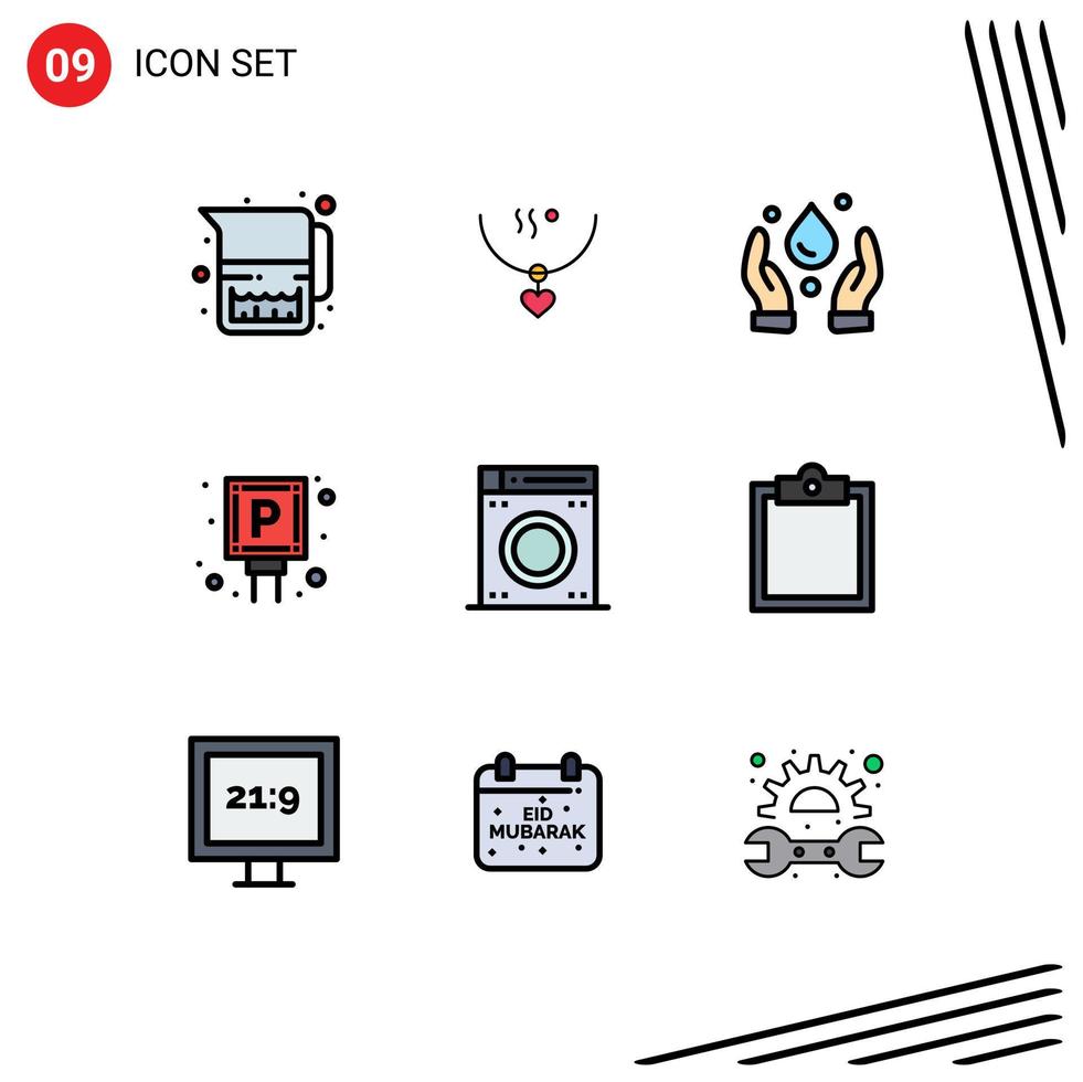 Group of 9 Modern Filledline Flat Colors Set for machine sign wedding parking car Editable Vector Design Elements