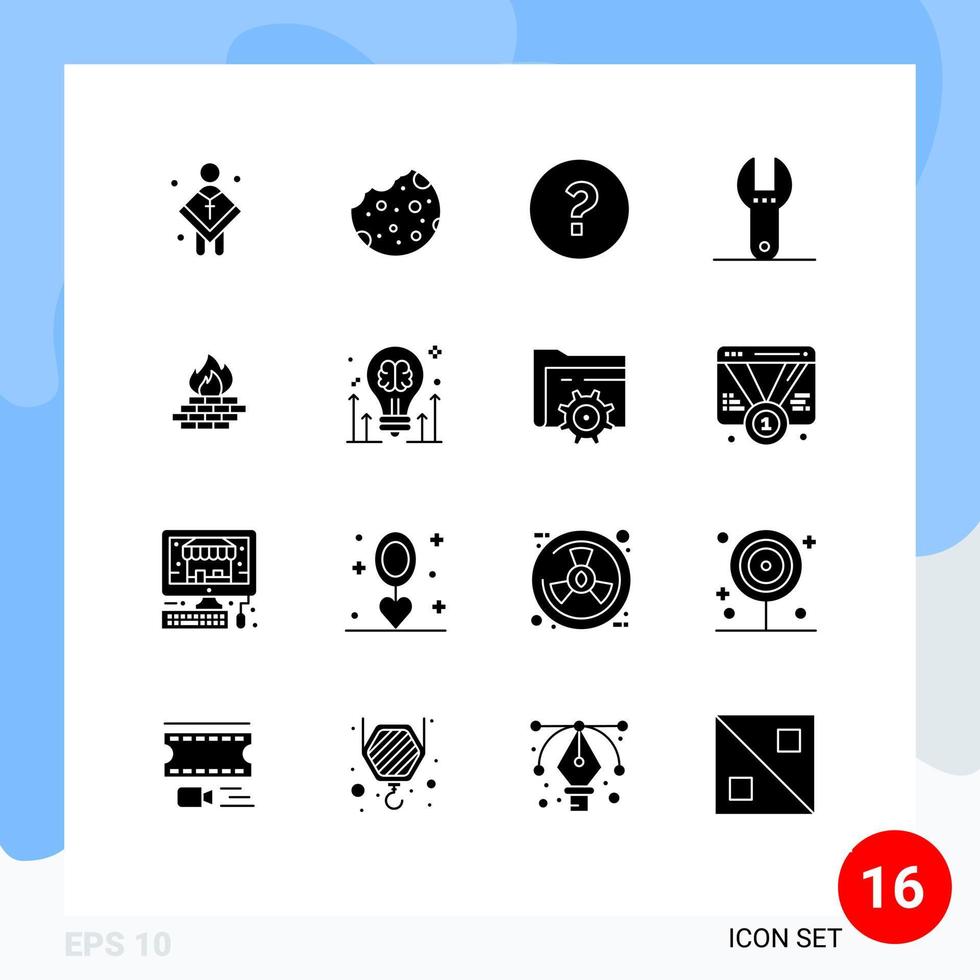 User Interface Pack of 16 Basic Solid Glyphs of firewall antivirus food tool control Editable Vector Design Elements