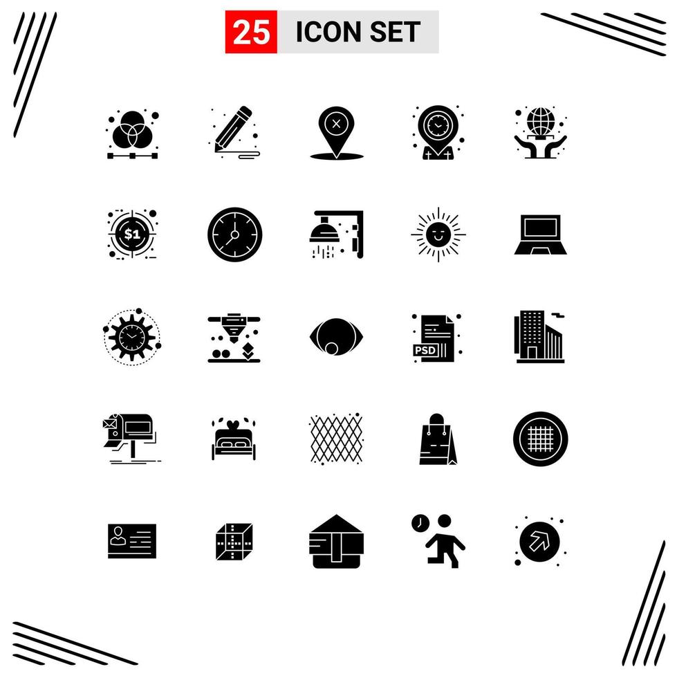 Group of 25 Solid Glyphs Signs and Symbols for globe time location targeting geo Editable Vector Design Elements